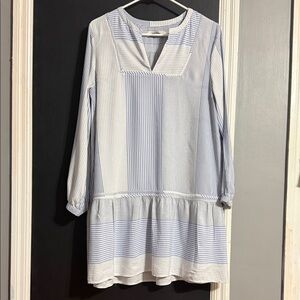 LOFT Pinstripe Dropped Waist 3/4 Sleeve Mini Flounce Dress Tunic Size: M